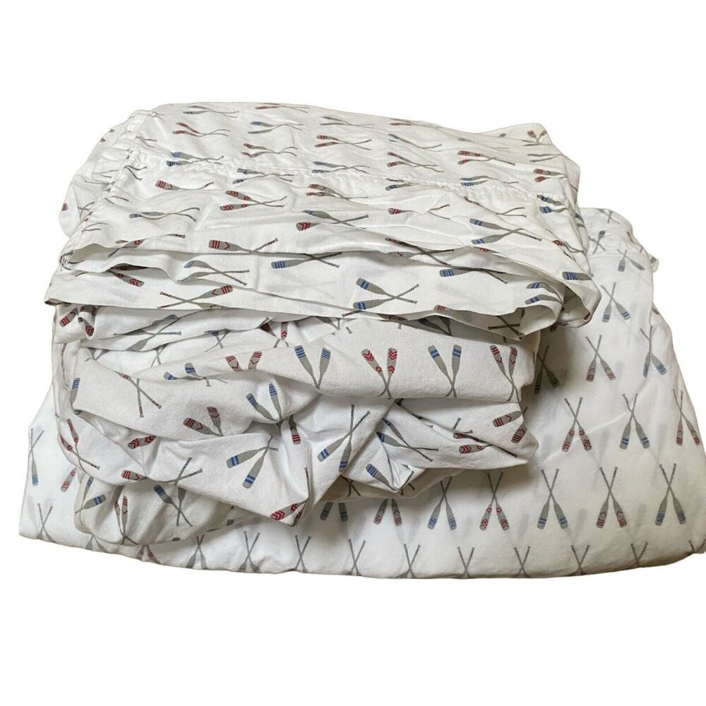 Nautical‎ twin sheet set blue red canoe paddles cotton beachhouse outdoors cabin